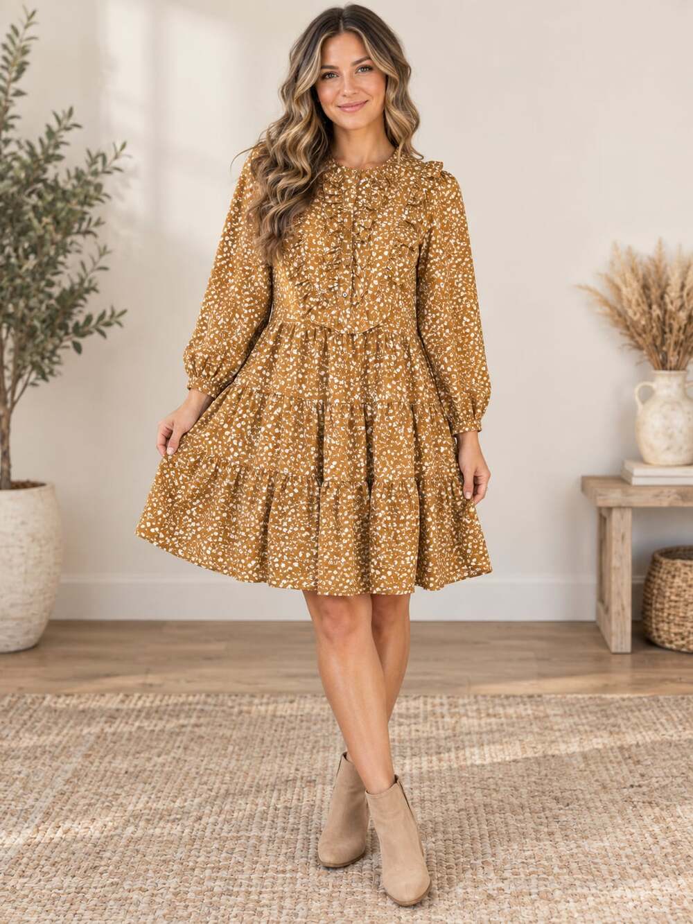 Bohme Printed Babydoll Dress Camel Cognac Floral Ruffle Tiered Pockets S NWT